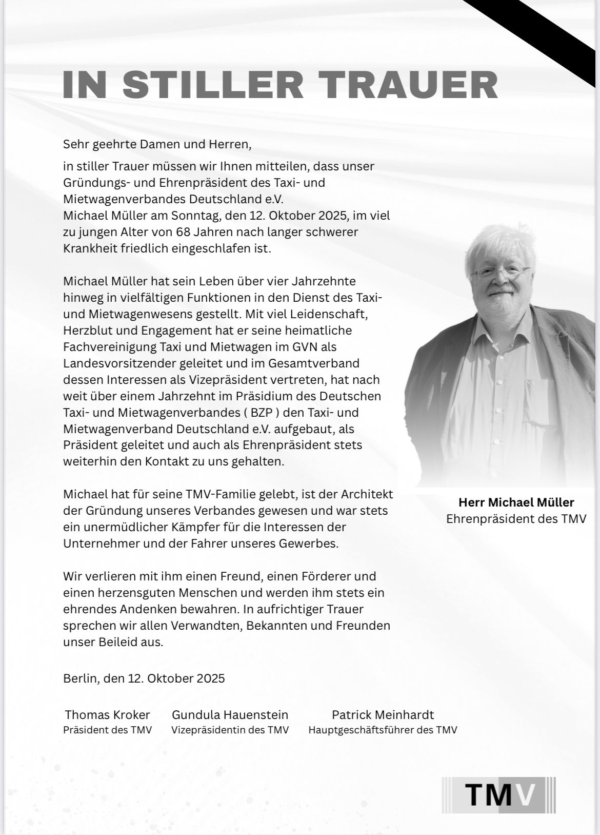 Kondolenzanzeige Michael Müller